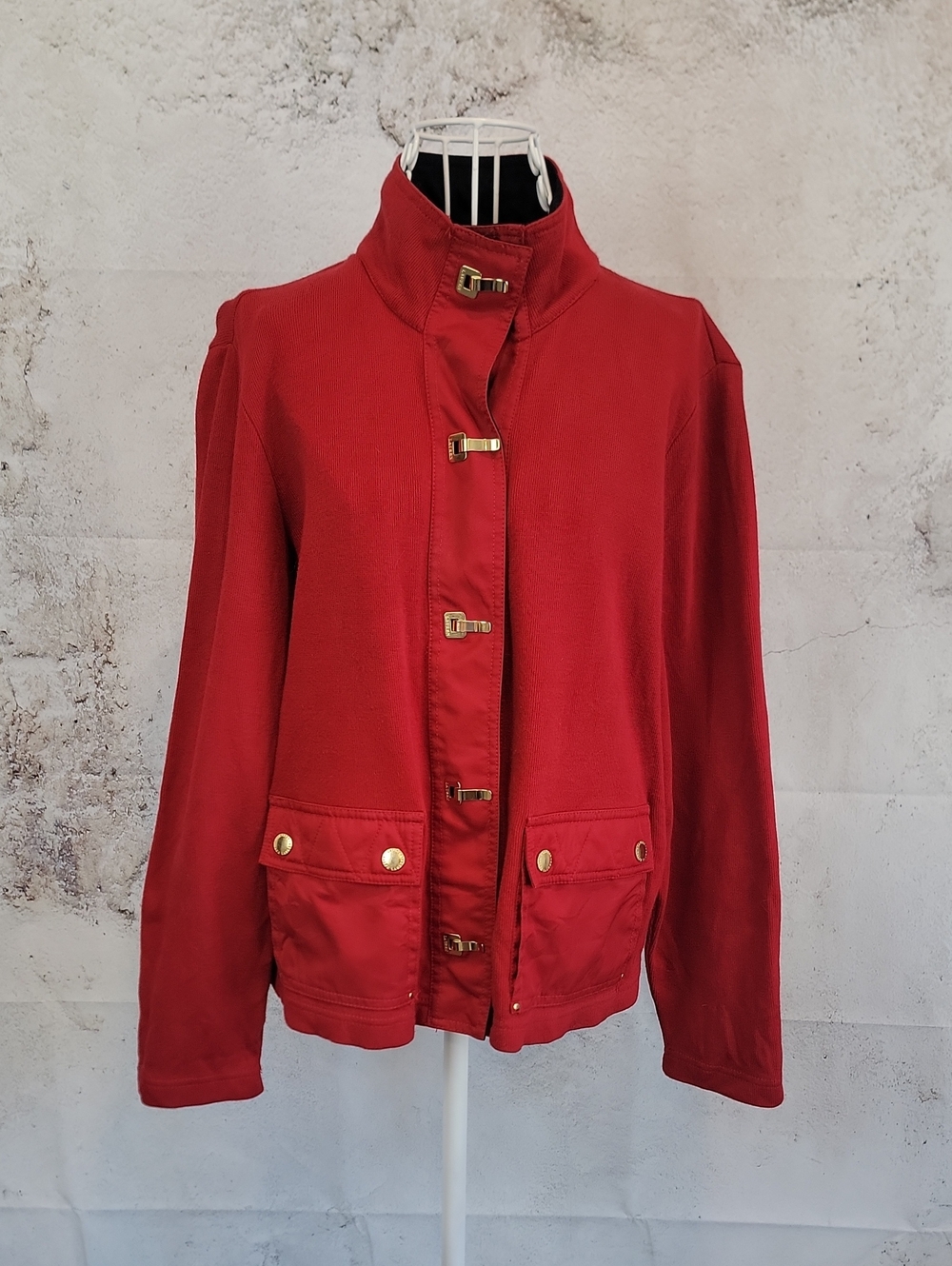 Ralph Lauren Red Stand Collar Utility Knit Jacket w/ Gold Hardware Womens Size L